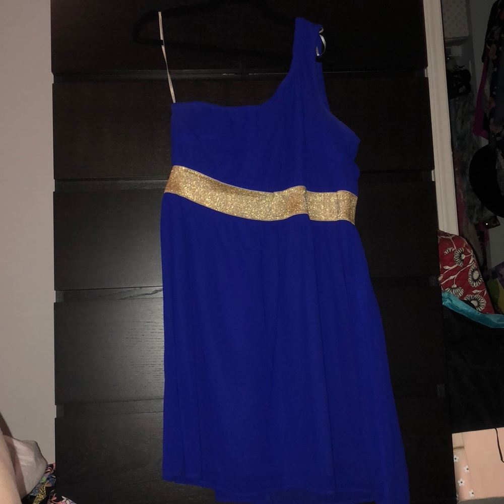 Royal blue one shoulder dress with sparkly gold